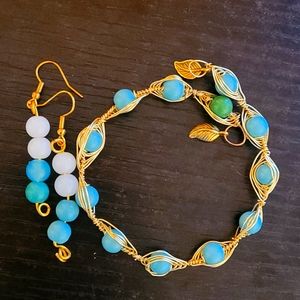 Handmade Herringbone Bangle bracelet and Earings Greenish Blue and white